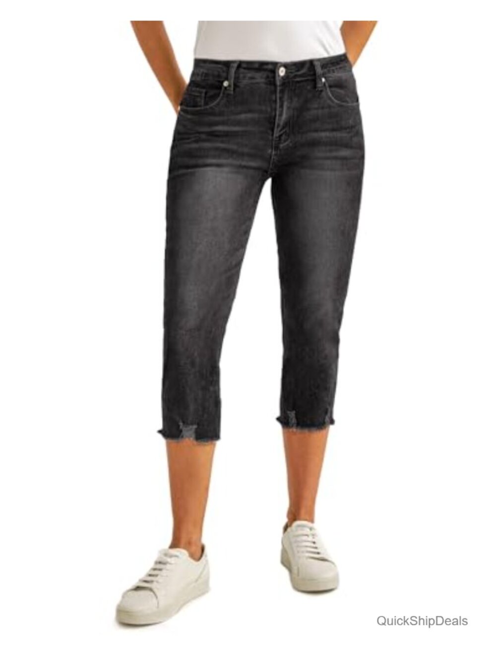 High Waisted Ripped Skinny Capri Jeans with Pockets